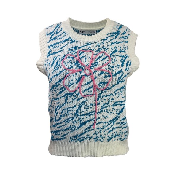 Zara White and Blue Sweater Vest with Pink Flower - Picture 1 of 2